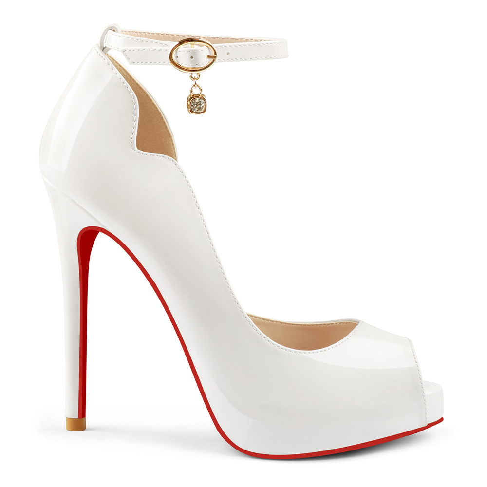 120mm Red Bottom Pendant Elastic Strap Slingback Sandals Peep Toe Platform Stilettos Patent Heels-MERUMOTE