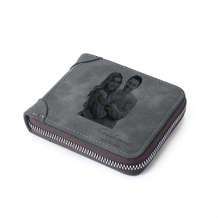Custom Photo Engraved Wallet With Zipper, Short Style - Gray Leather