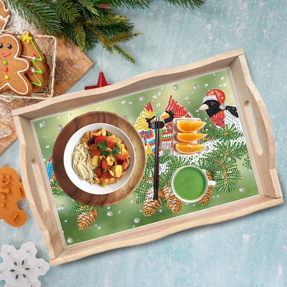 DIY Christmas Cardinal Diamond Painting Wooden Serving Tray Home Decoration