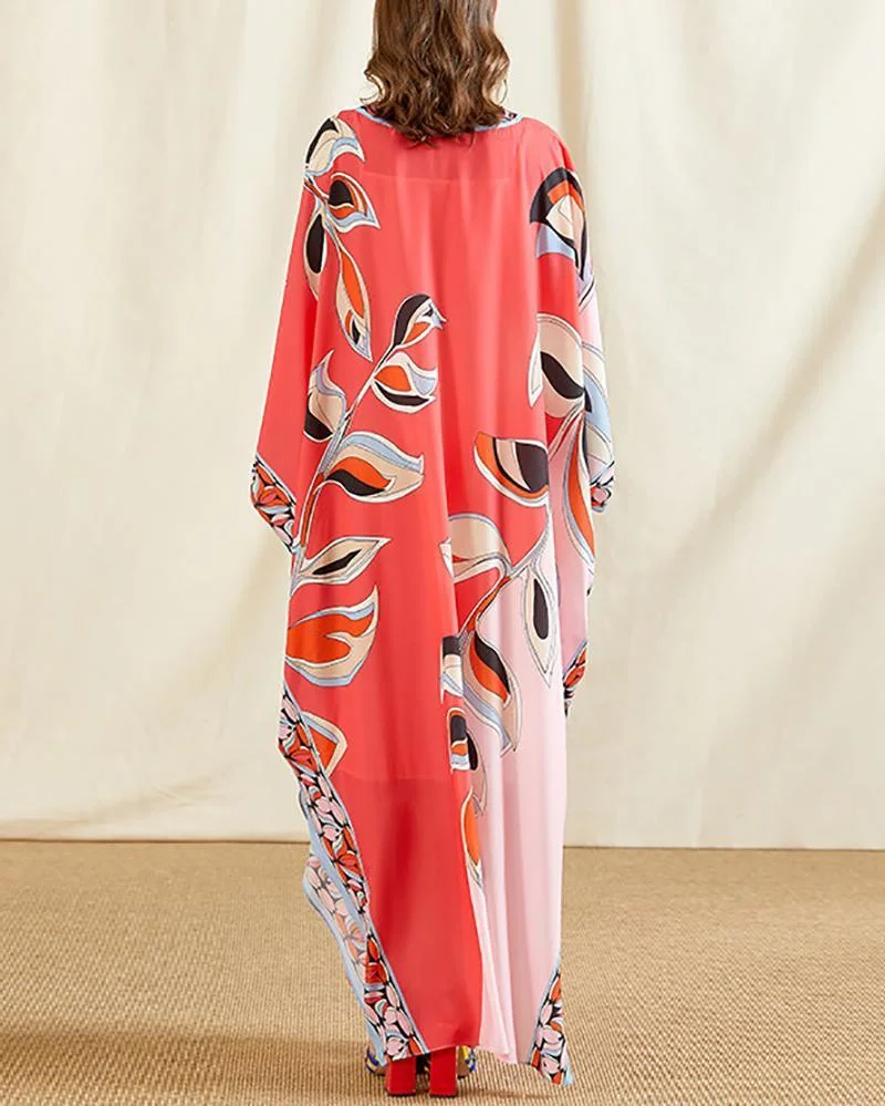 V Neck Batwing Sleeve Printed Side Split Knitting elastic Long Dress