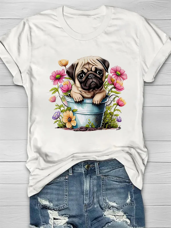 Pug Flower Printed Crew Neck Women's T-shirt