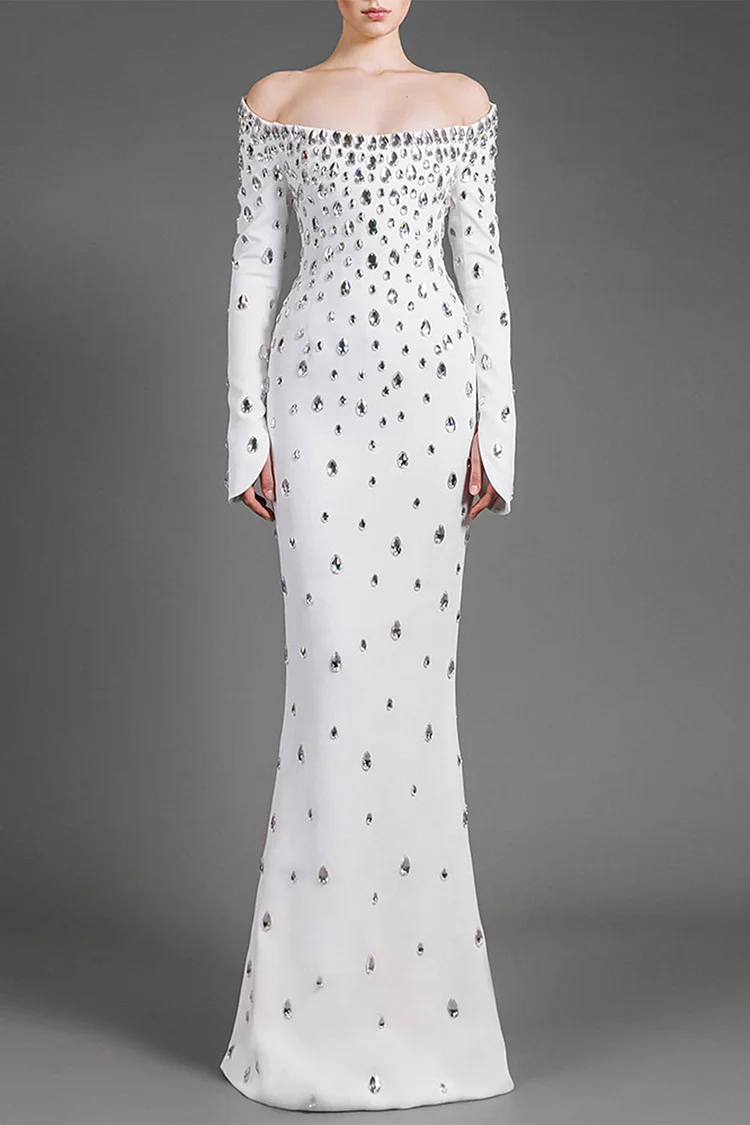 Off Shoulder Long Sleeve Rhinestone Mermaid Maxi Dress-White