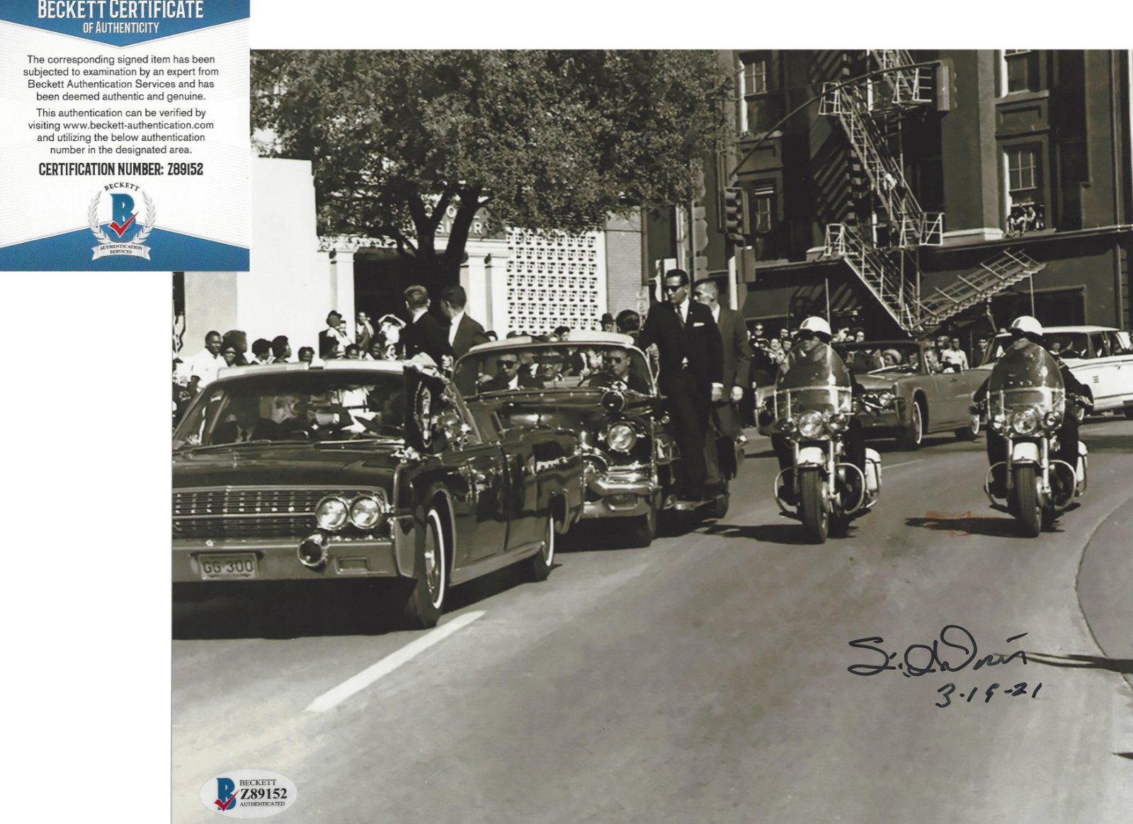 SID DAVIS SIGNED JFK JOHN F KENNEDY ASSASSINATION LBJ WITNESS 8x10 Photo Poster painting BAS COA