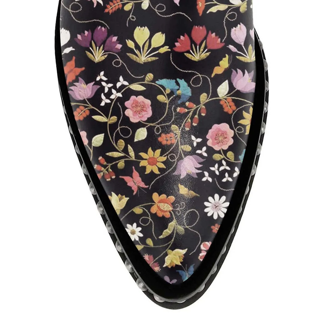 Chunky Heel Studded Pointed Toe Flower Print Buckle Strap Ankle Boots