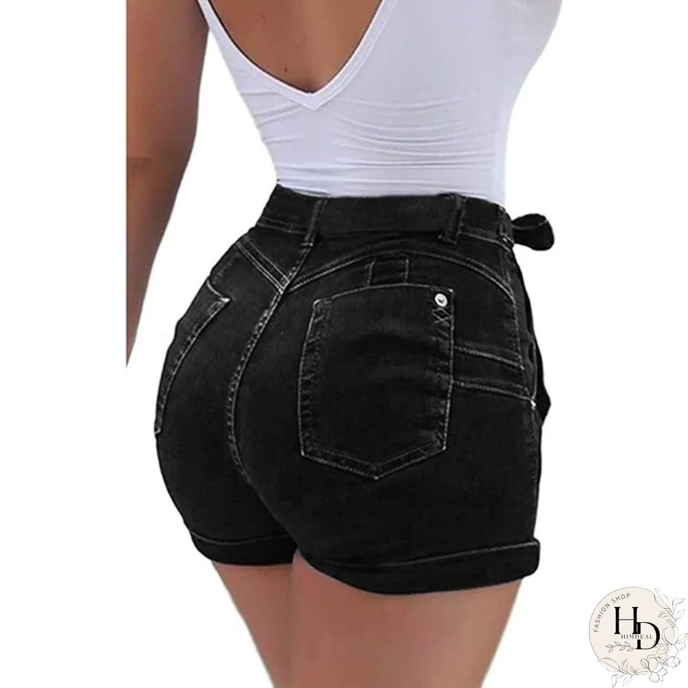 Women's mid-Waist Denim Belt Washed Denim Shorts Slim fit Casual Classic Shorts Jeans Summer Denim Shorts