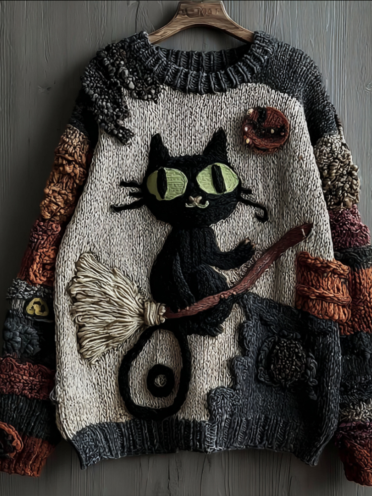 Halloween Riding Broomstick Cat Cat Multi-color Atmosphere Vintage Warm Sweater elevenforest