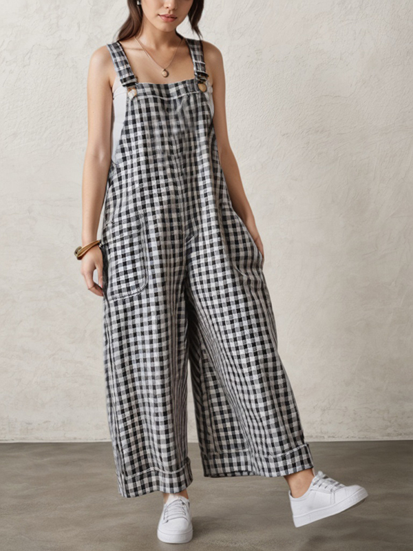 Plaid Straps Sleeveless Front Pocket Wide Leg Jumpsuit