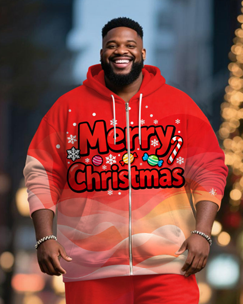 Big & Tall Men's Merry Christmas Gradient Alphabet Print Cardigan Hoodie Suit