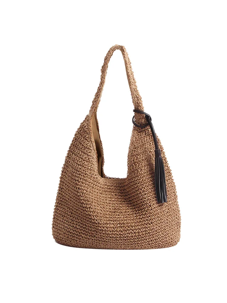 Boho Straw Shoulder Bag Women Large Capacity Woven Beach Vacation Handbags