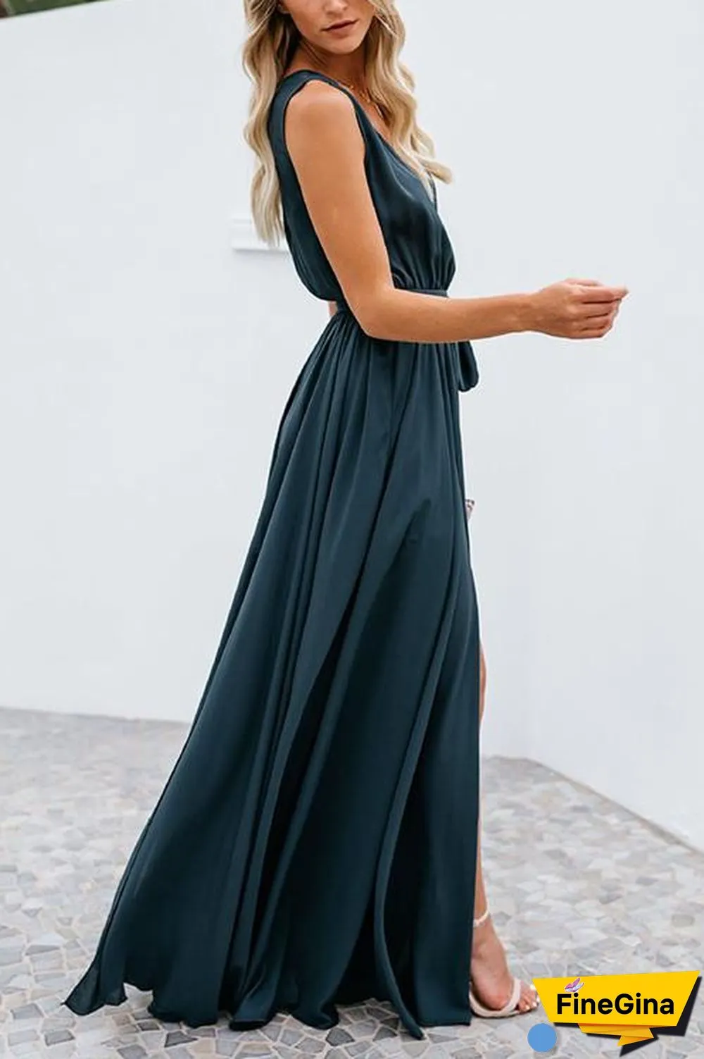 V Neck Sleeveless Slit Wrap Maxi Dress
