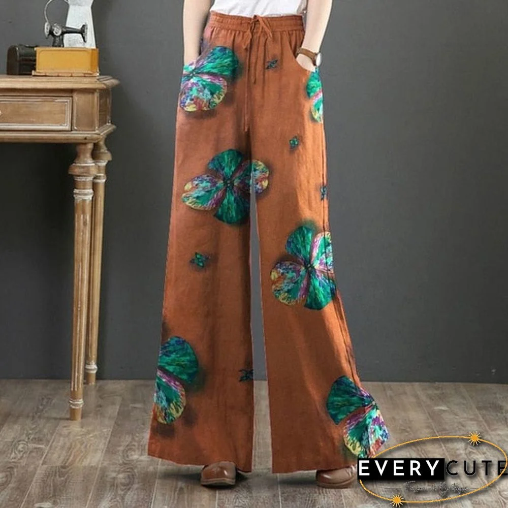Women'S Elastic Waist Long Trousers Vintage Printed Wide Leg Pants Autumn Pantalon Casual Palazzo Plus Size Turnip 7