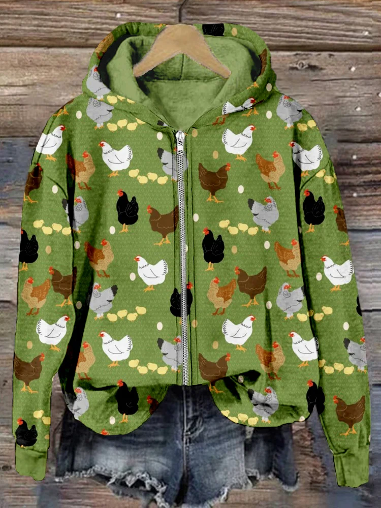 VChics Hens and Chicks Graphic Vintage Zip Up Comfy Hoodie