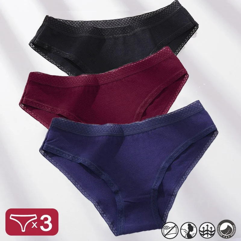 FINETOO 3PCS Women's Cotton Briefs Lace Ventilation Underwear Women Sexy Women's Panties Female Underpants Solid Color Pantys