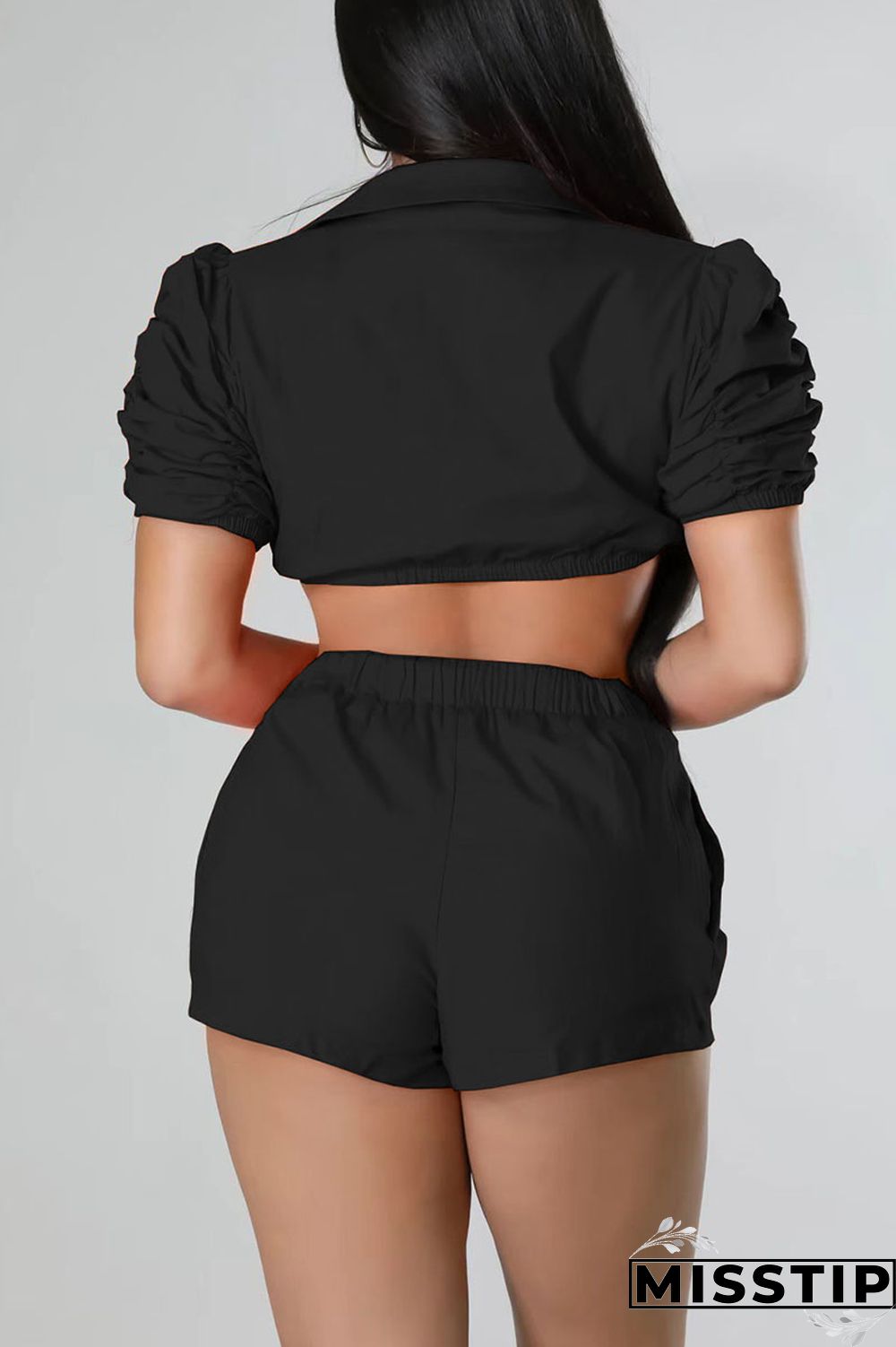 Black Casual Solid Patchwork Buckle Fold Turndown Collar Short Sleeve Two Pieces