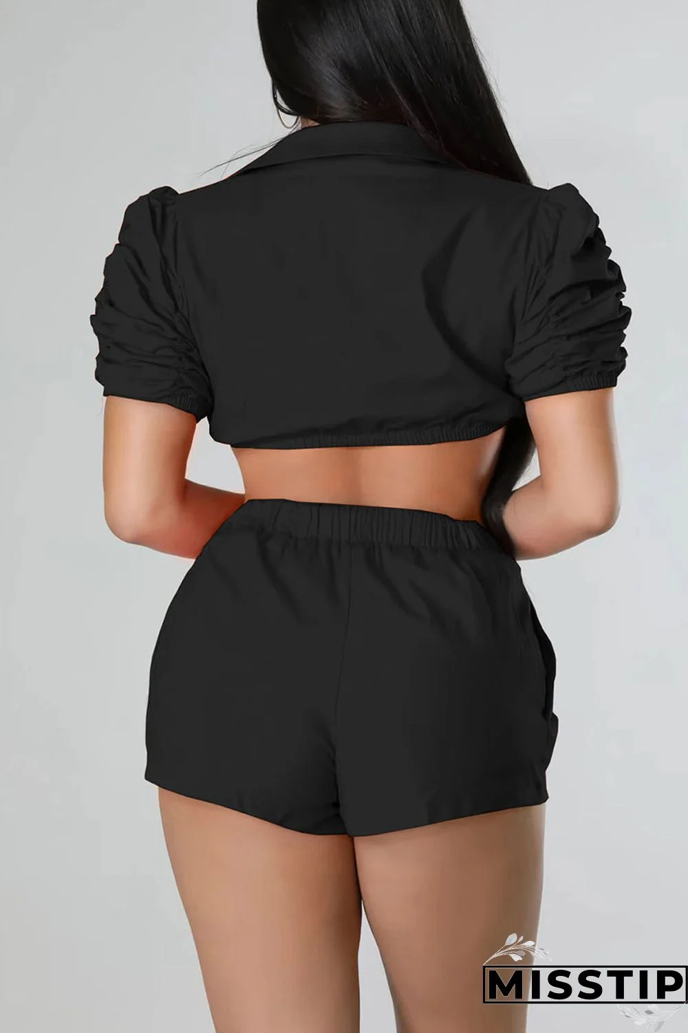 Black Casual Solid Patchwork Buckle Fold Turndown Collar Short Sleeve Two Pieces