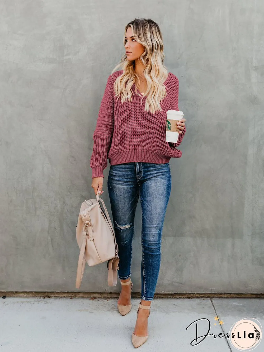 Indianred Loose Long Sleeve Knit V-Neck Sweater