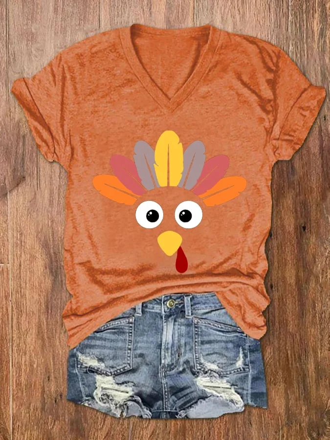 Women's Thanksgiving Funny Turkey Face With Feathers Casual V-Neck Tee socialshop