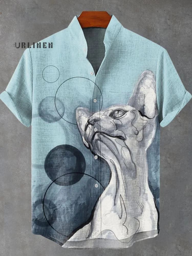 Blue Ink Hairless Cat Vintage Print Casual 100% Cotton Shirt
