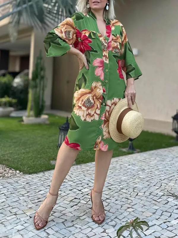Buttoned Floral Printed Half Sleeves Loose Polo Midi Dresses