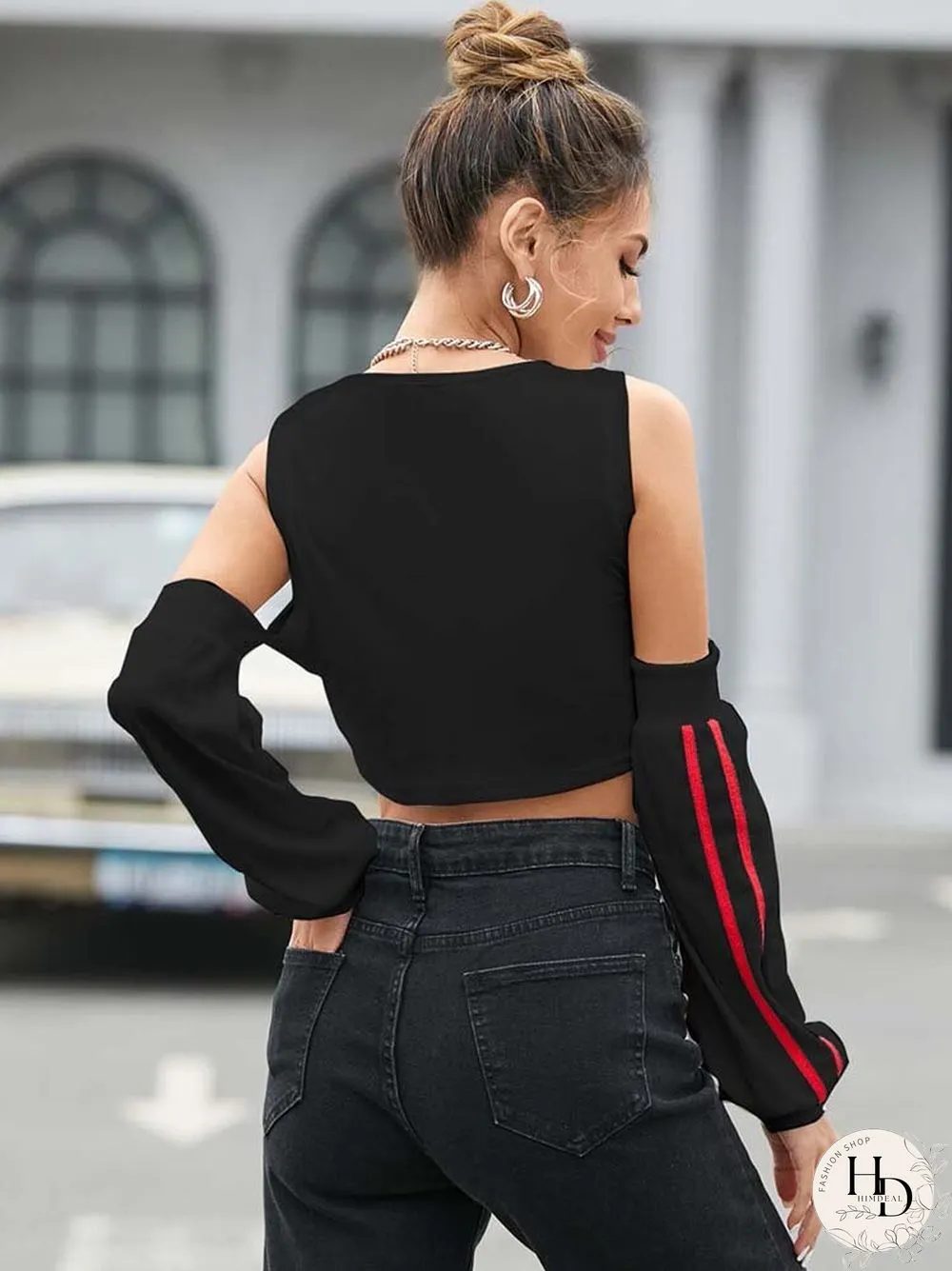 Stripe Off Shoulder Long Sleeve Cut Out Sexy Crop Top For Women