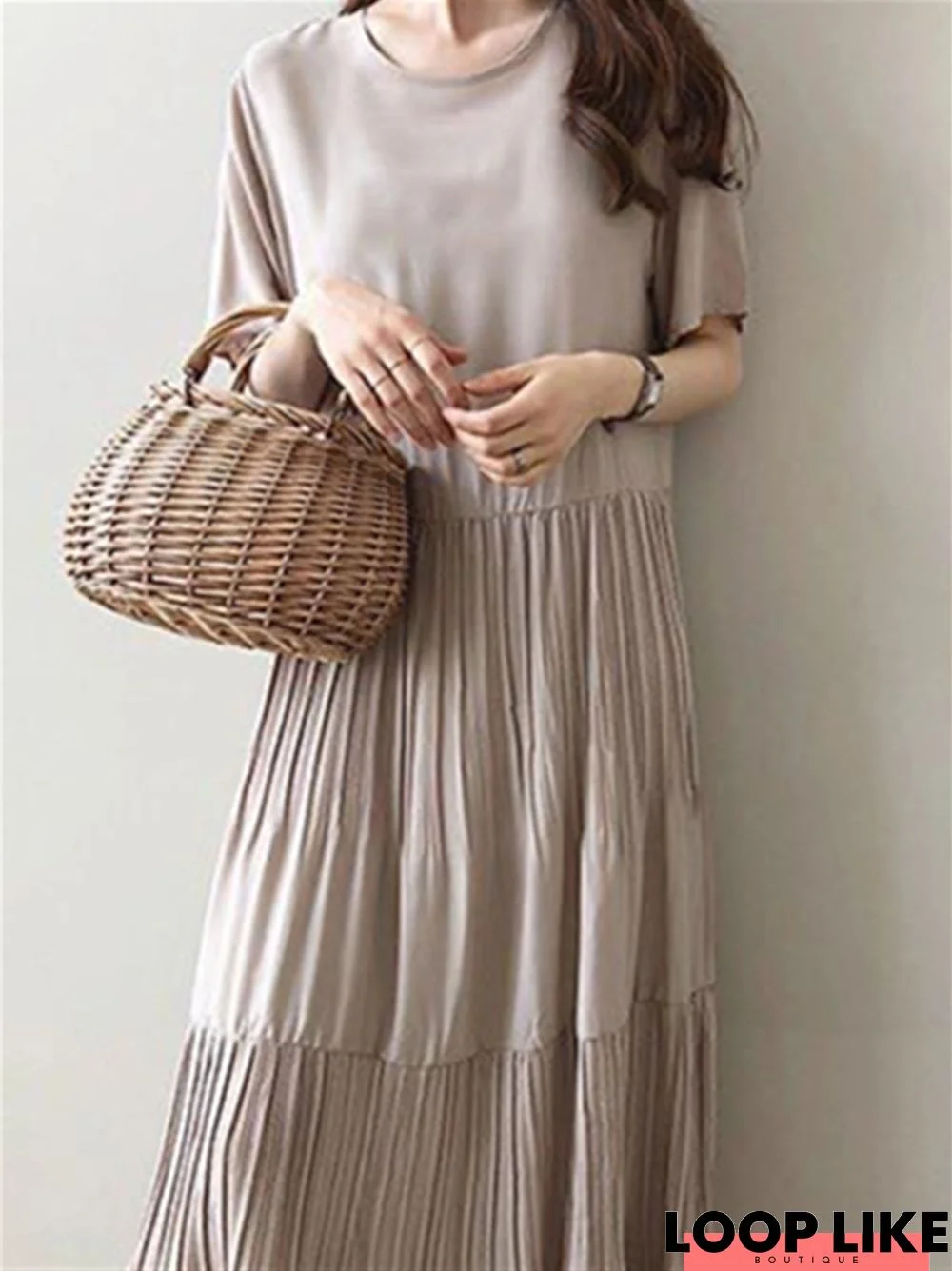 Solid Color Round Neck Literary Loose Pleated Short Sleeve Long Dress