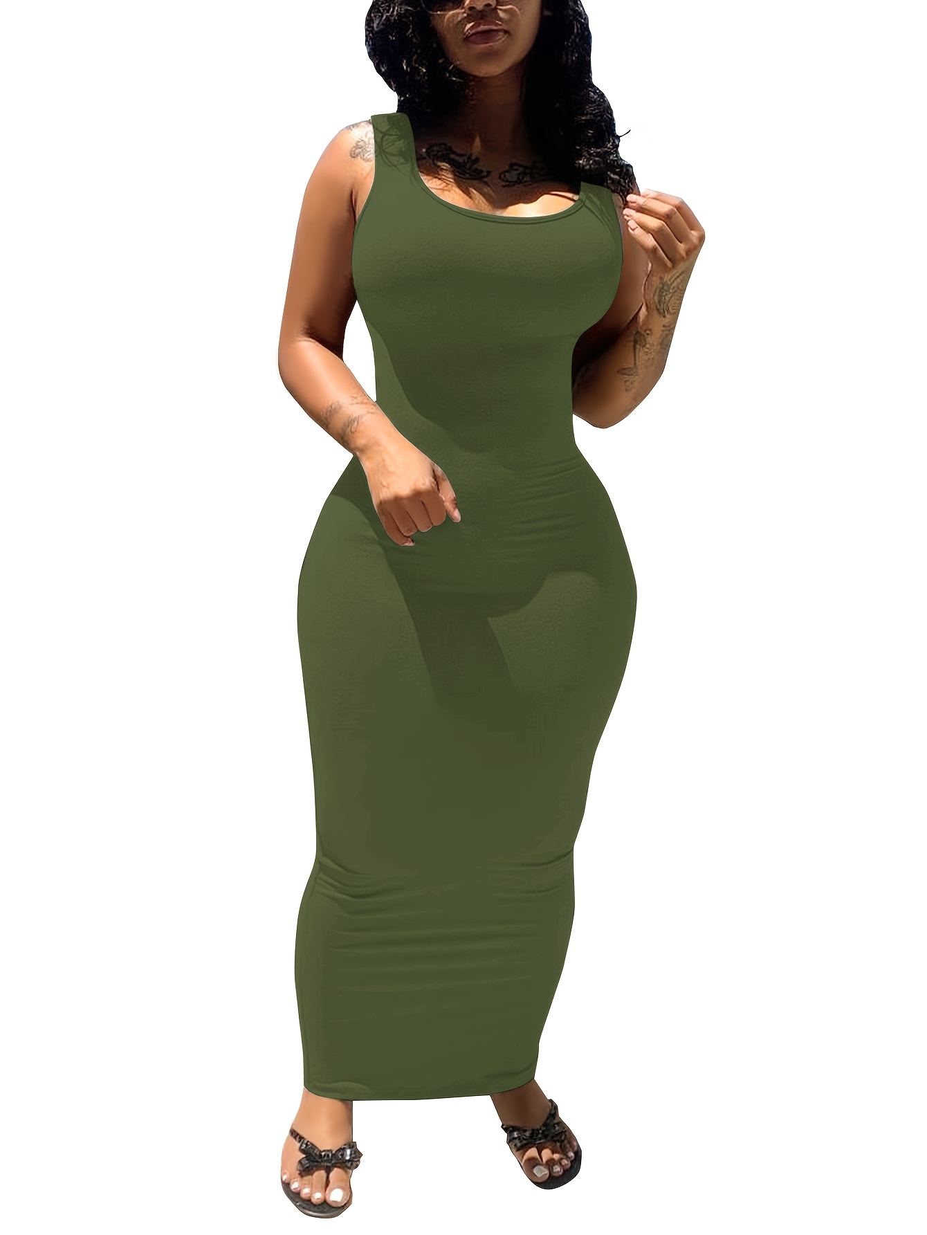 Women's Chic Solid Color Stretchy Tank Dress - Sleeveless Bodycon Maxi Skirt With Pockets, Casual Style, Machine Washable For Spring/Summer | IFYHOME