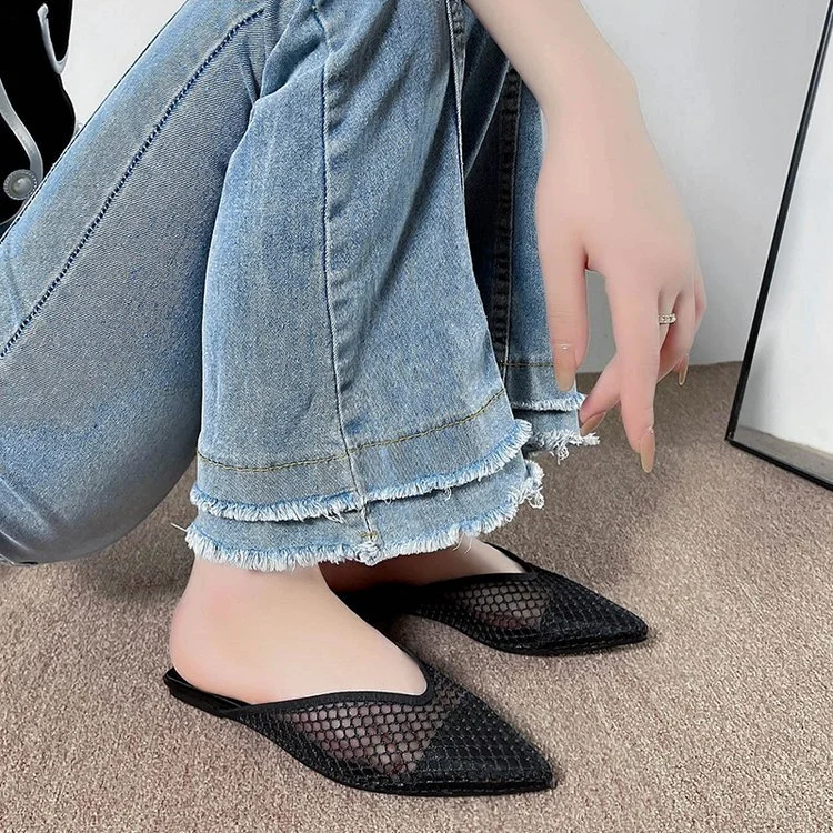 Yyvonne The Summer Of 2025, The New Net Red Pointed Flat Sandals Lazy Half-Dragging Fairy Wind Bag Head Net Black Slippers Woman