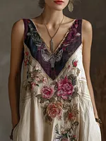 Bohemian Style Plant Flower And Butterfly Embroidery Pattern Women's Cotton And Linen Sleeveless V-neck Dress