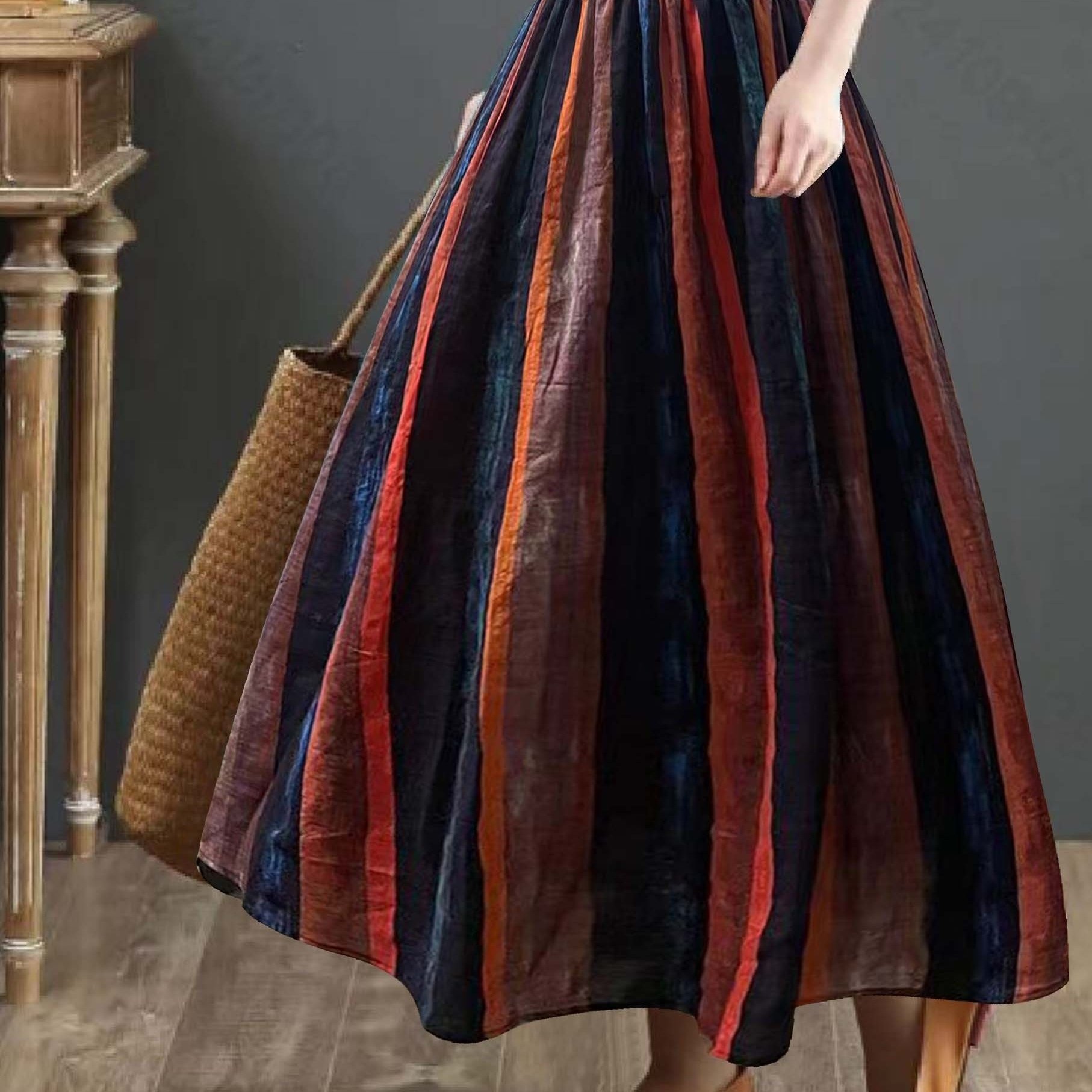 Plus Size Boho Skirt, Women's Plus Colorblock Striped Print Elastic High Rise Maxi Skirt