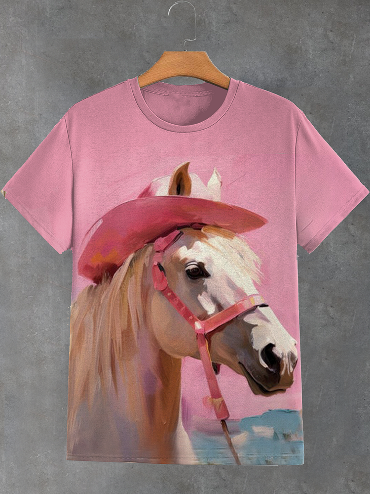 Women's Western Cowboy Hat Horse Oil Painting Print Casual T-Shirt