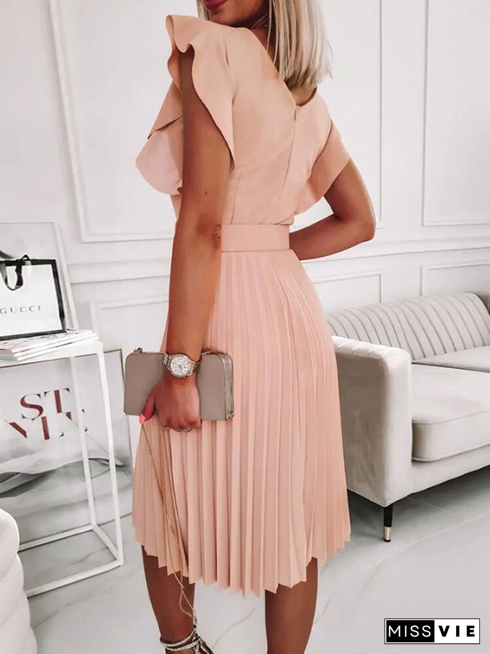 Elegant Round Neck Flying Sleeve Midi Dress Women Summer Fashion Pleated Solid Color Dress Office Ladies Casual Belt Dress