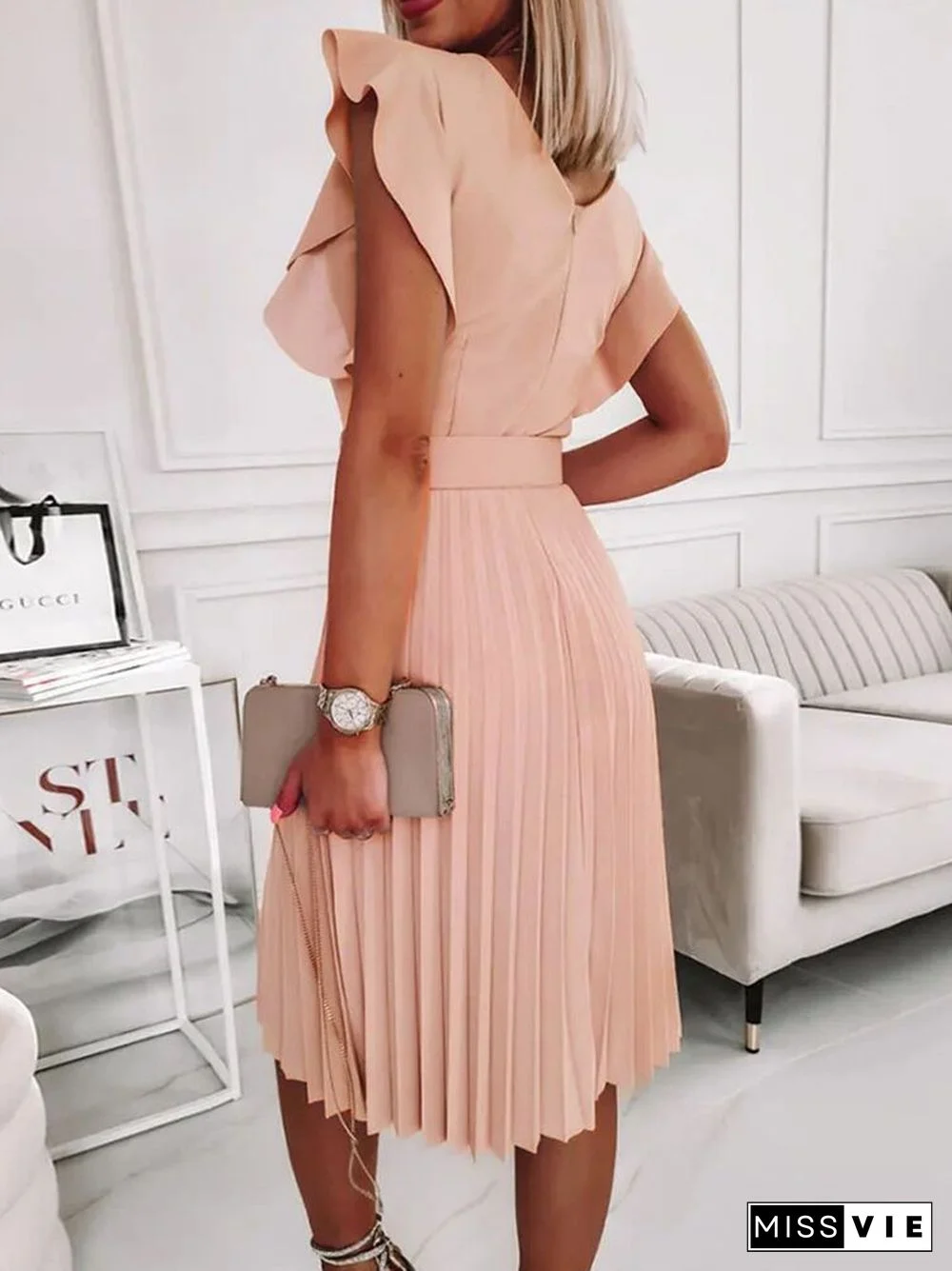 Elegant Round Neck Flying Sleeve Midi Dress Women Summer Fashion Pleated Solid Color Dress Office Ladies Casual Belt Dress