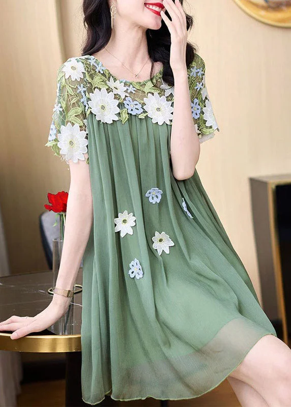 Boho Green O-Neck Embroideried Patchwork Tulle Mid Dresses Short Sleeve