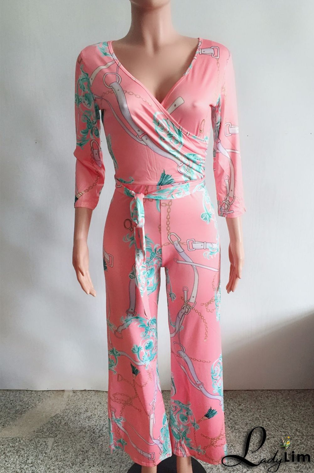 Tibetan Blue Fashion Casual Print Patchwork V Neck Regular Jumpsuits