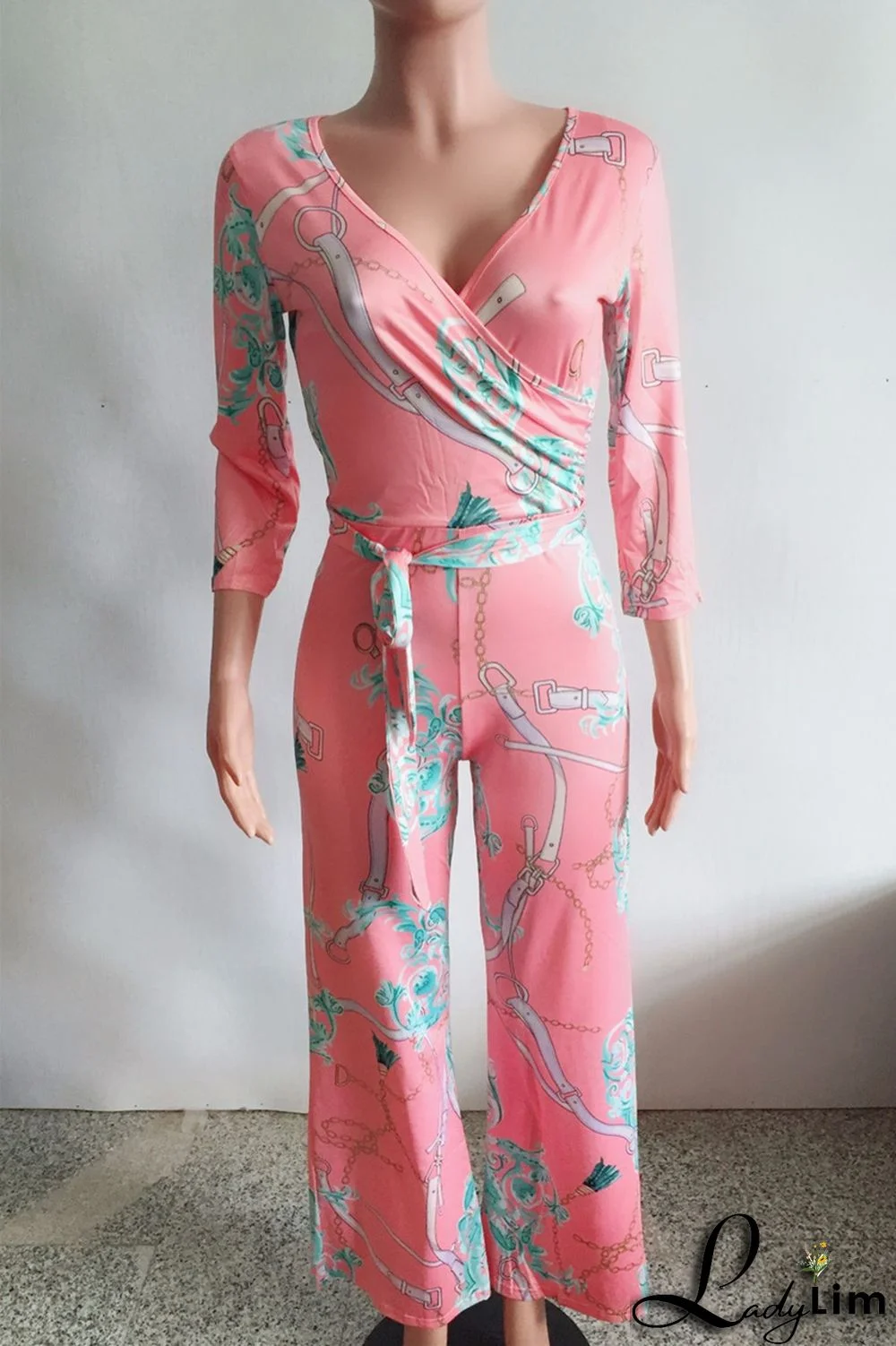 Tibetan Blue Fashion Casual Print Patchwork V Neck Regular Jumpsuits