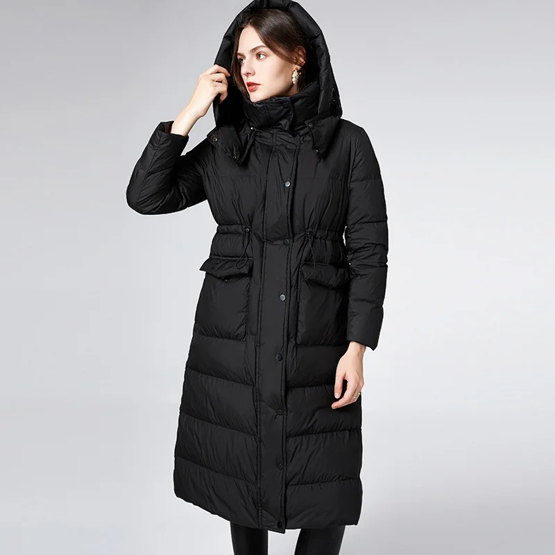 Winter new women's mid length hooded down jacket