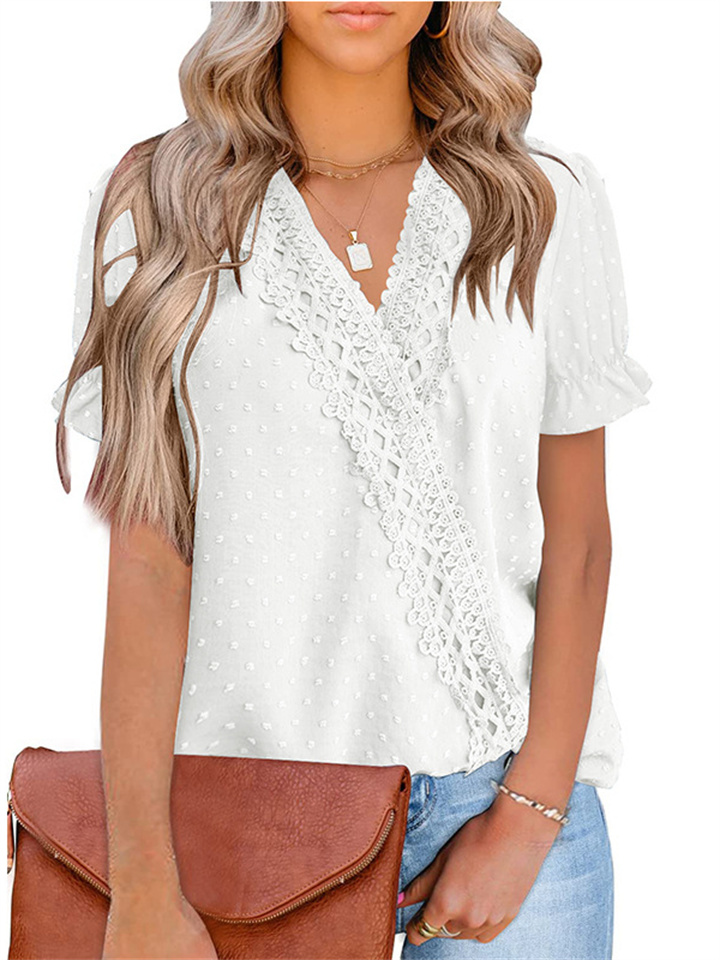 Summer Chiffon Fur Ball Lace V-neck Short-sleeved Shirt Ladies V-neck Solid Color Blouse