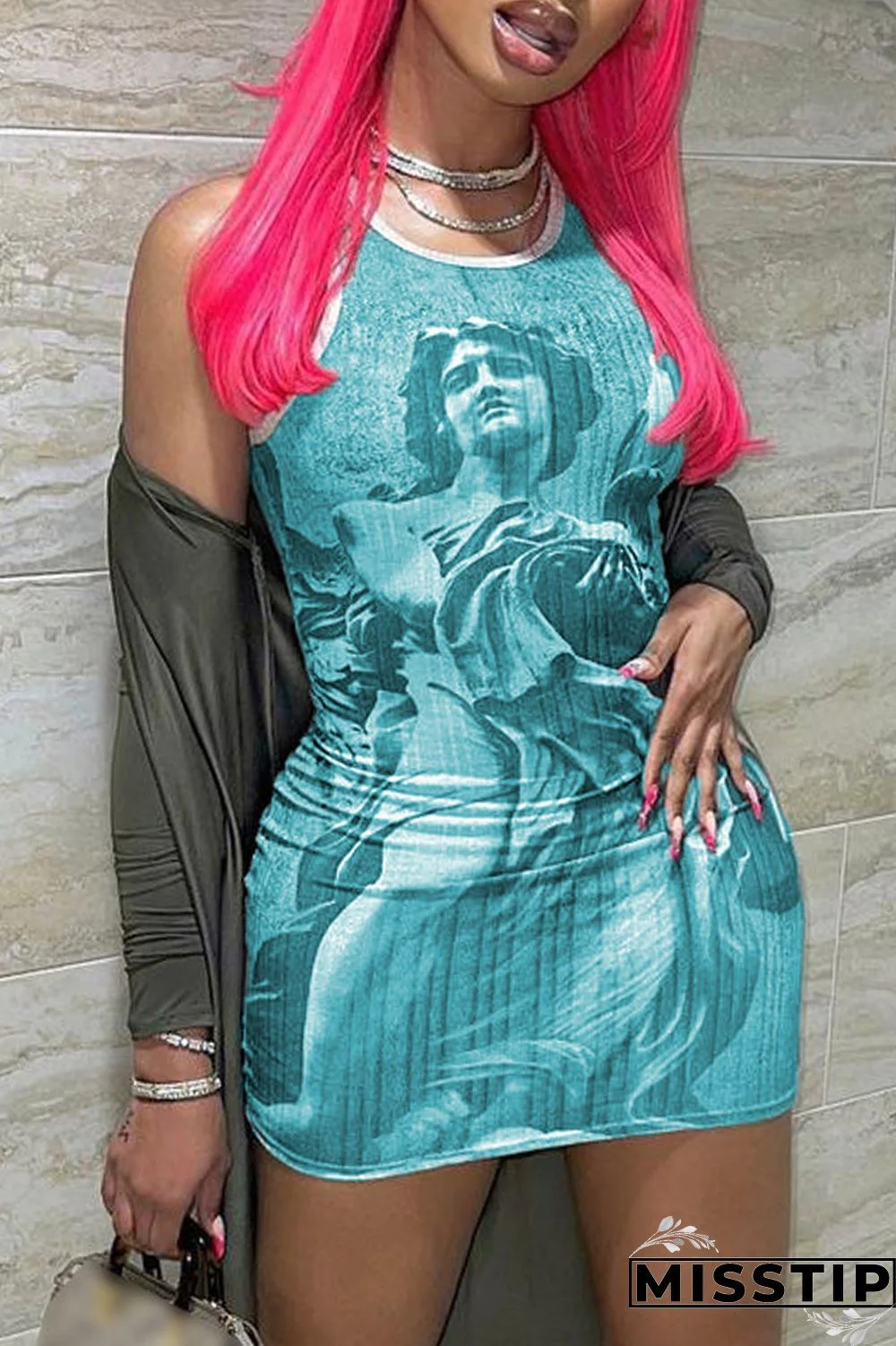 Water Blue Casual Print Basic O Neck Sleeveless Dress Dresses