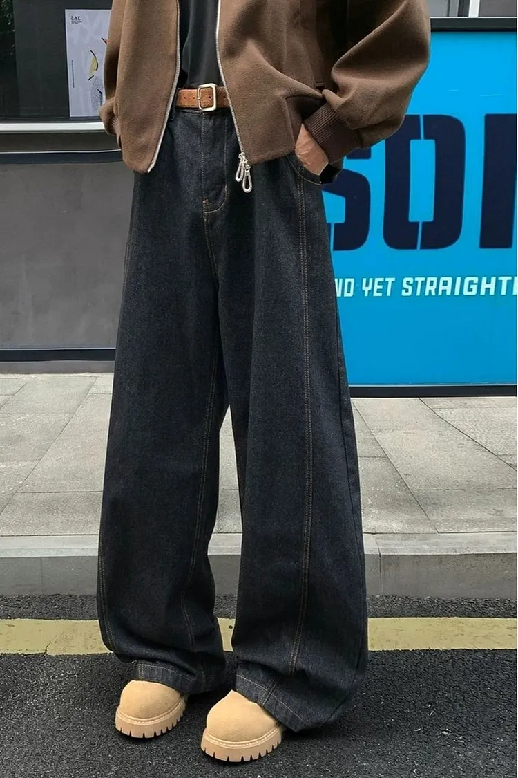 Vintage Wash Wide Leg Denim Pants for Men Baggy & Loose Fit with Full Length