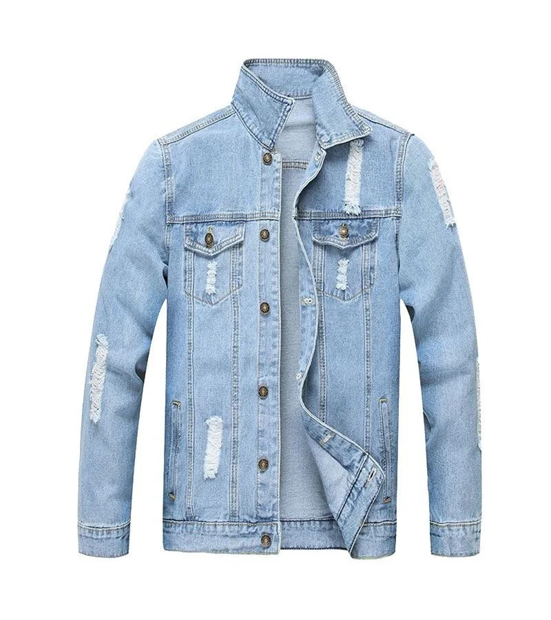 Men Cotton Ripped Denim Jacket