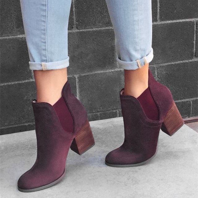 Burgundy Boots Round Toe Suede Wooden Block Heel Chelsea Boots |FSJ Shoes