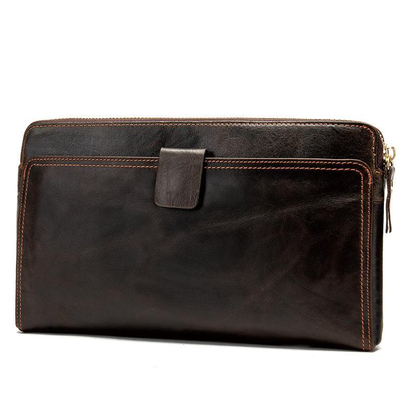 Mens Business Plain Leather Zipper Clutch Bags