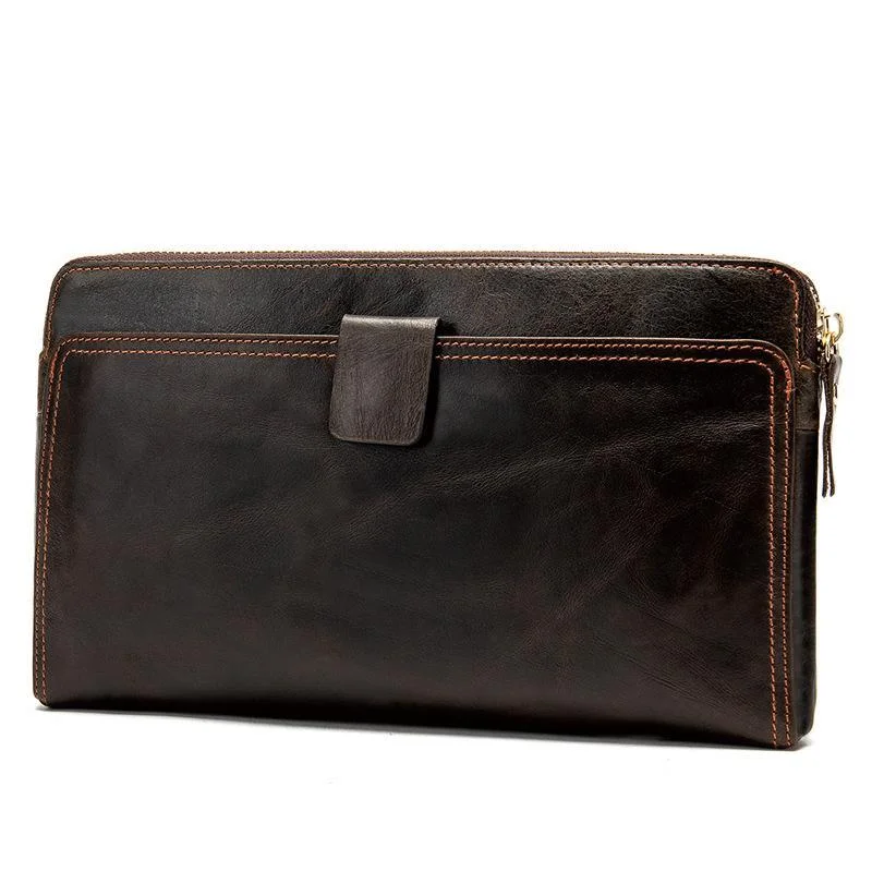 Mens Business Plain Leather Zipper Clutch Bags