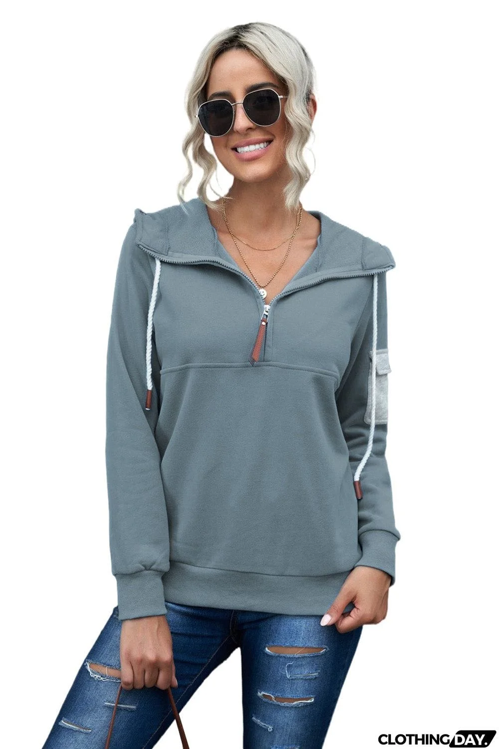 Half Zip Colorblock Pocket Patchwork Long Sleeve Hoodie