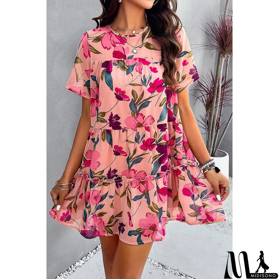 MidiSono - Knot Back Floral Lined Ruffle Loose Dress