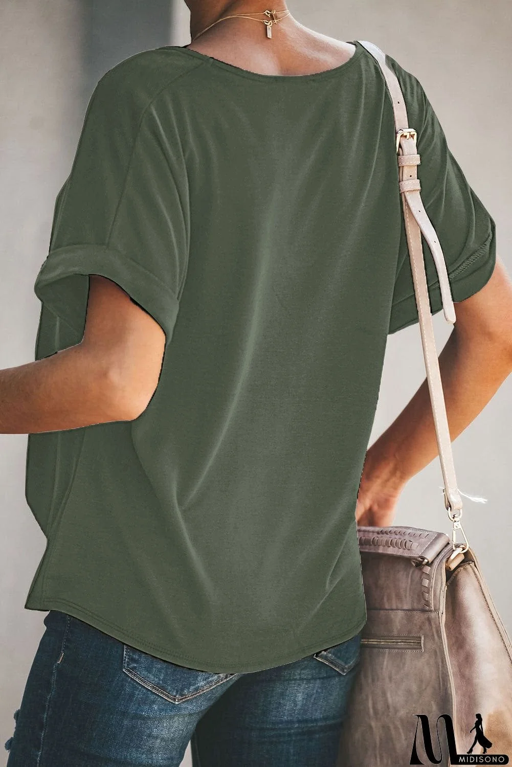 MidiSono - Plain Crew Neck Short Sleeve Twist Tee