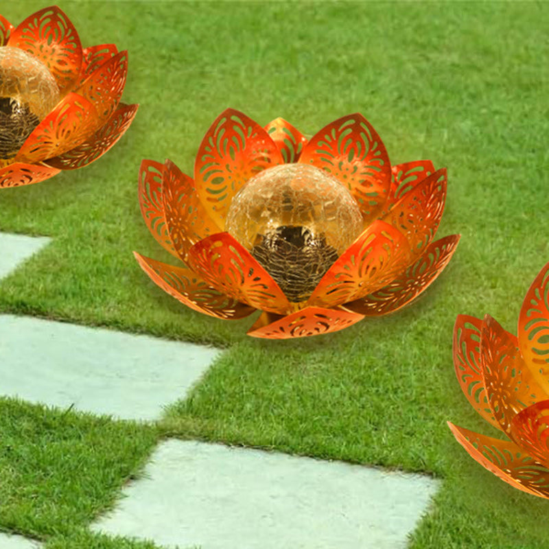 Modern Art Deco Solar Iron Simulated Lotus Crack Glass Ball Shade LED Lawn Landscape Light For Outdoor Patio