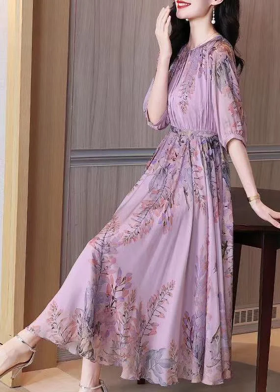 Fashion Purple O-Neck Print Chiffon Maxi Dresses Summer