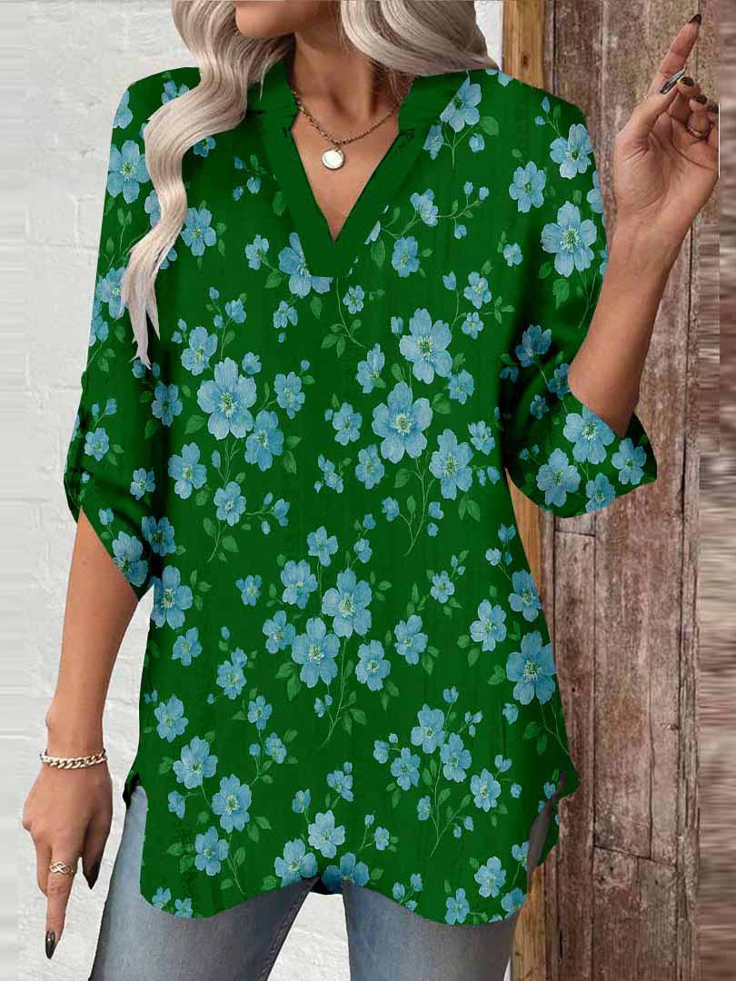 Women Floral, Blue, Blue DZGA0166 3/4 Sleeve V-neck Printed Graphic Button Tops