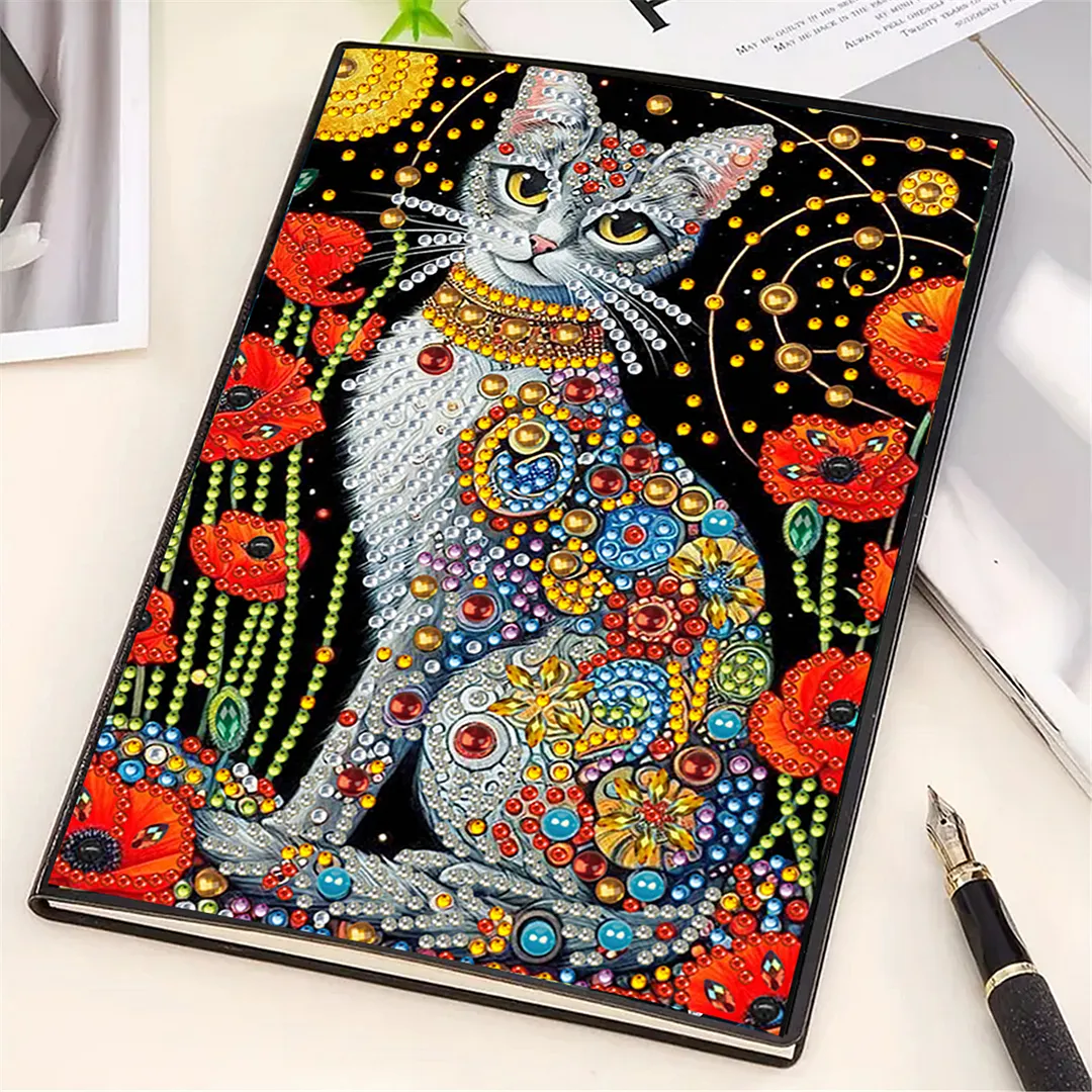 DIY Flower Diamond Painting Journals Notebooks 50 Pages A5 No Lines Special Shaped Diamond Art Kits for Beginners Craft Lovers and Artists (Cat and Flower)